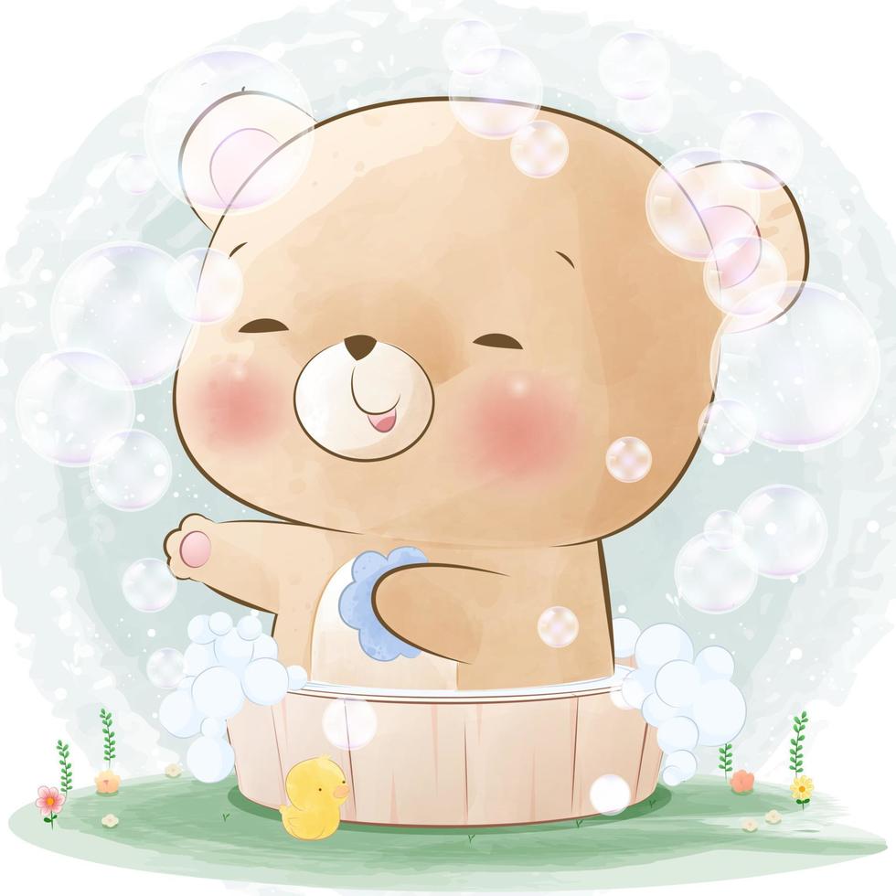 Cute little bear taking a bath vector