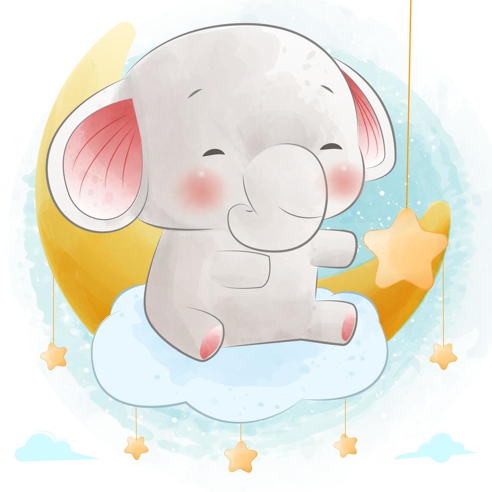 Cute little elephant on the cloud vector