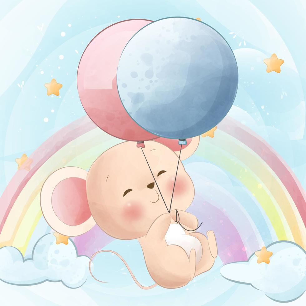 lindo ratón colgando de un personaje de baby shower con globos vector