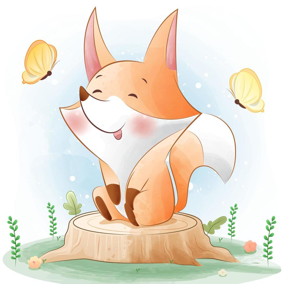 happy fox sitting on tree stump cartoon illustration vector