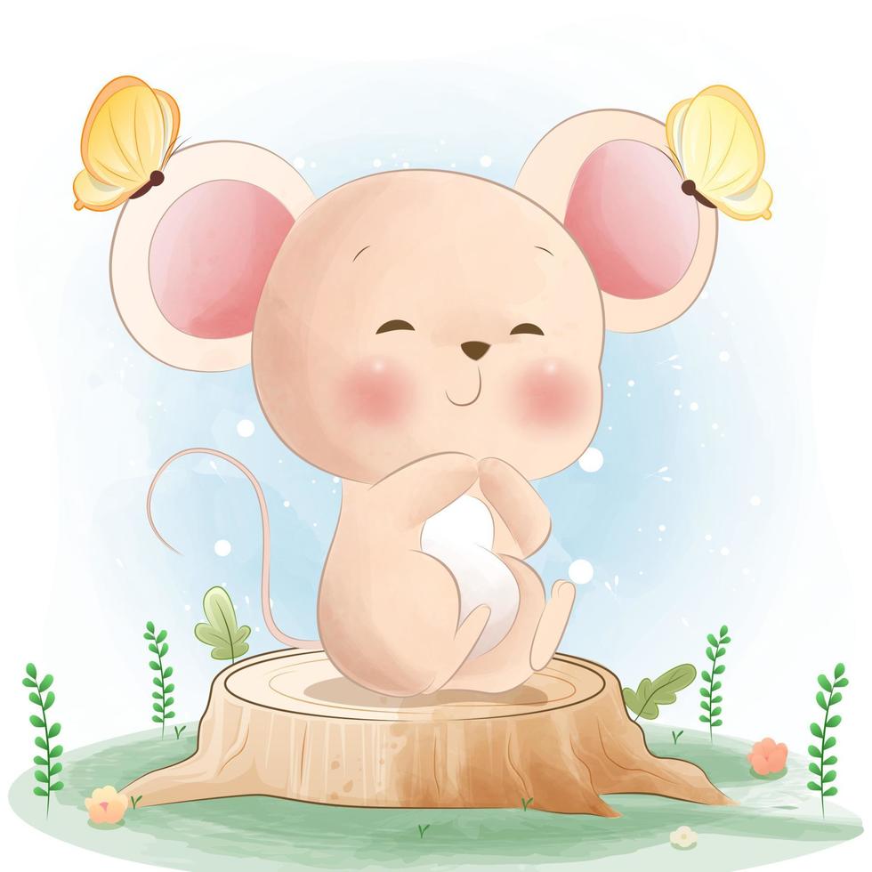 happy Mouse sitting on tree stump cartoon illustration vector