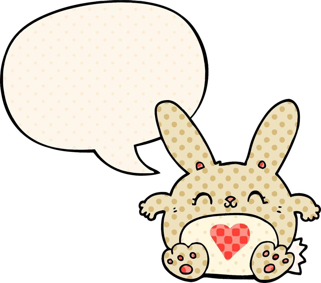 cute cartoon rabbit and love heart and speech bubble in comic book style vector