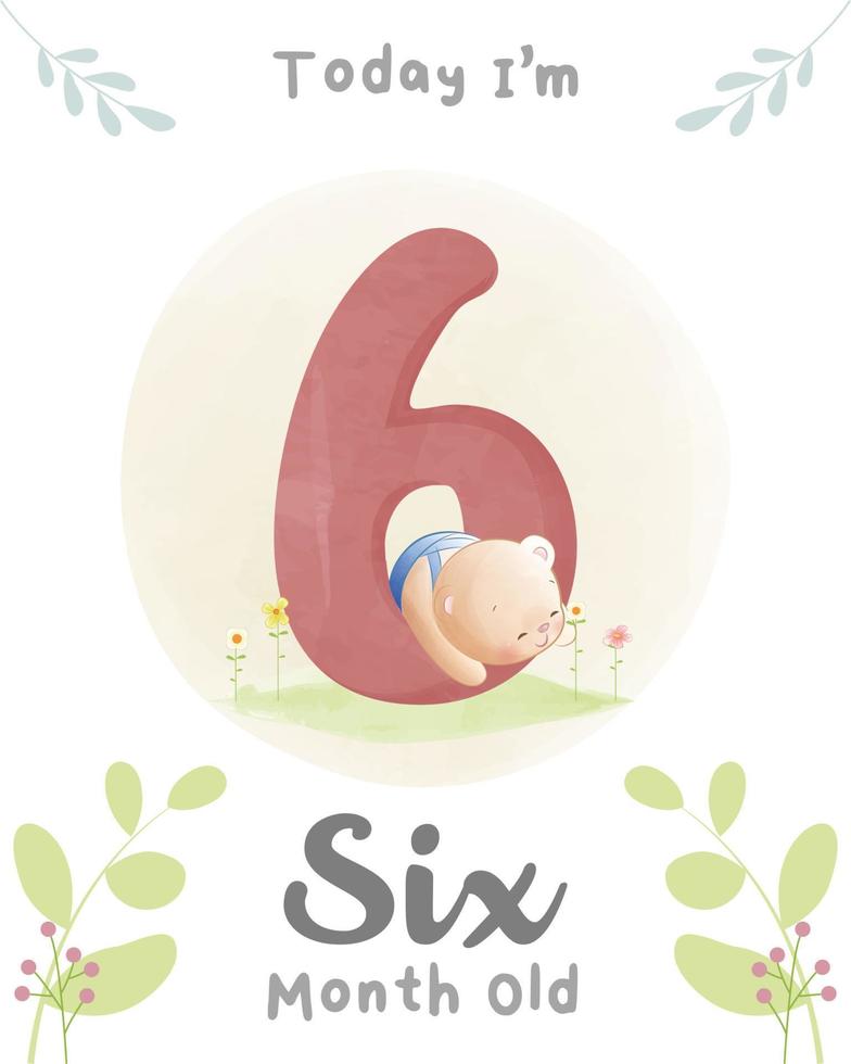 lindo oso bebé, tarjetas de hitos de baby shower de 06 meses de edad vector