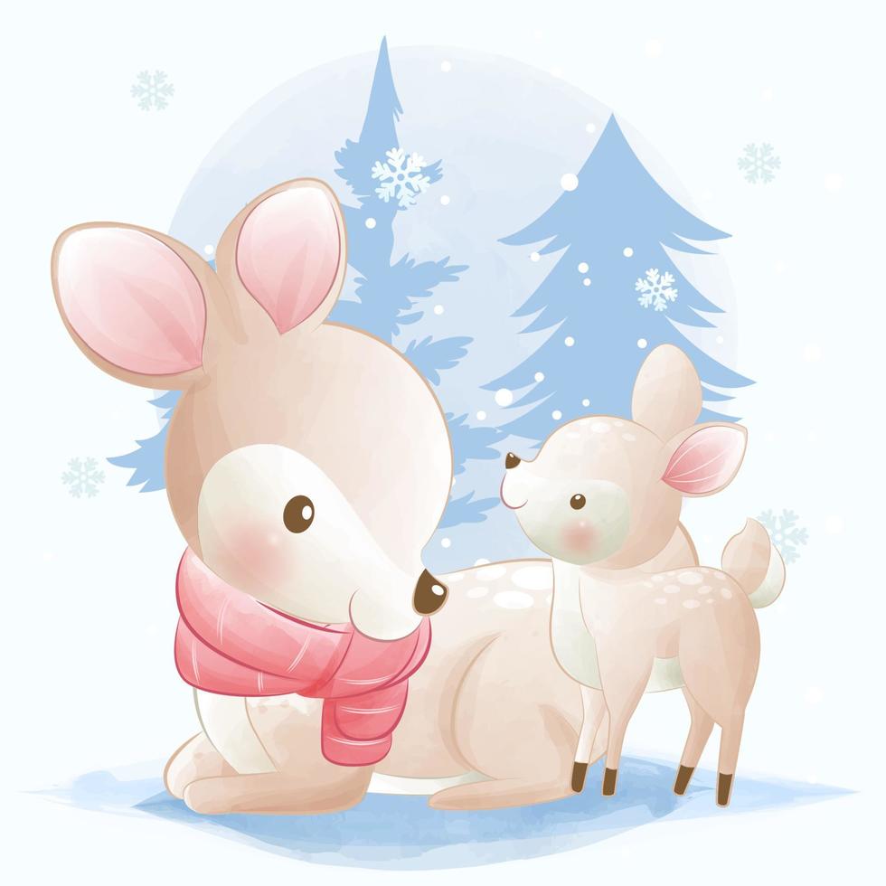 Cute animals, mom and baby deer playing together in snow vector