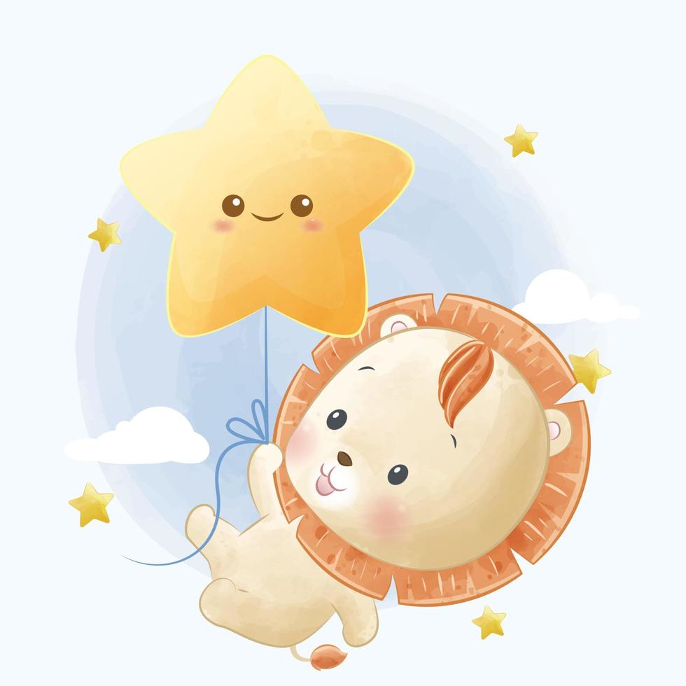 lindo bebé león flotando con estrella globo acuarela ilustración vector