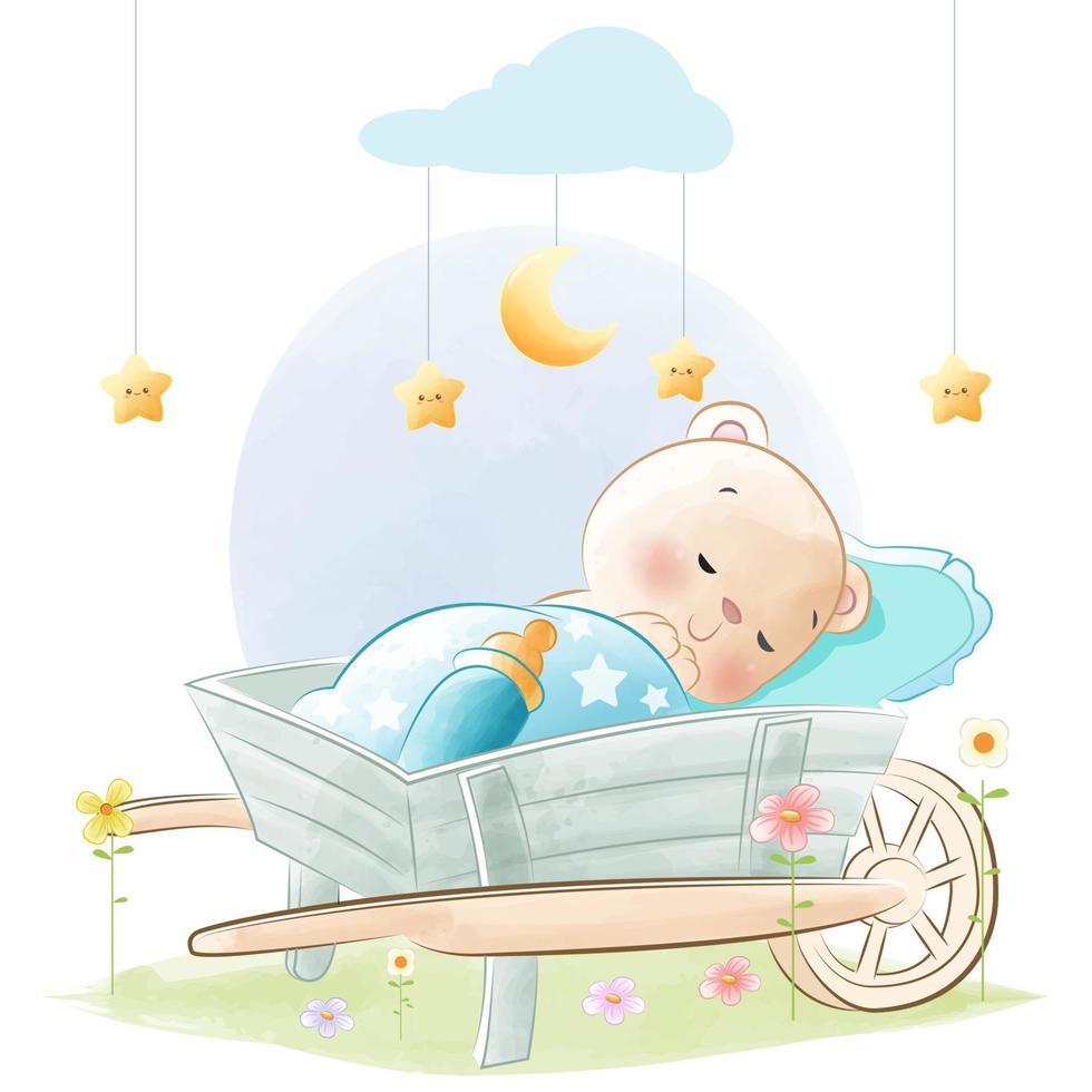 lindo osito durmiendo en cochecito ilustración acuarela vector