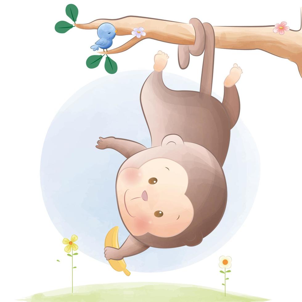 Cute happy monkey hanging and holding banana vector