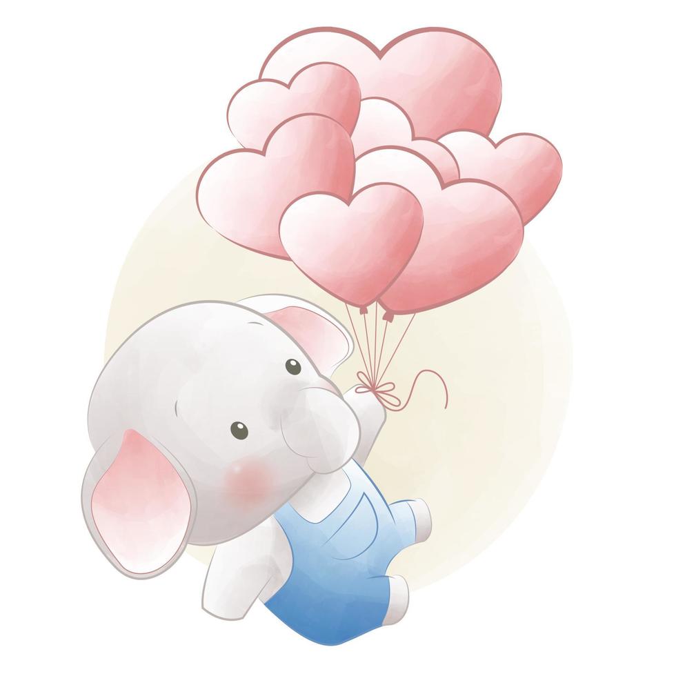 lindo elefante volando en globos en forma de corazón, tarjeta de animales de hito de bebé vector