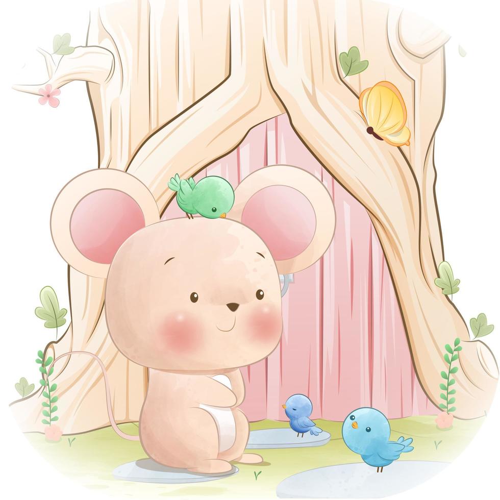 Cute mouse playing with brids vector