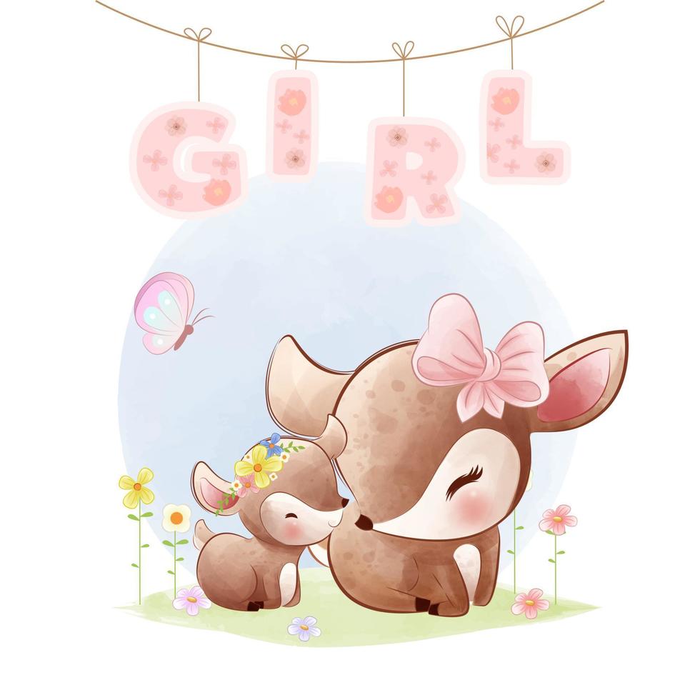 Cute Mother and baby Deer illustration baby girl milestone card vector