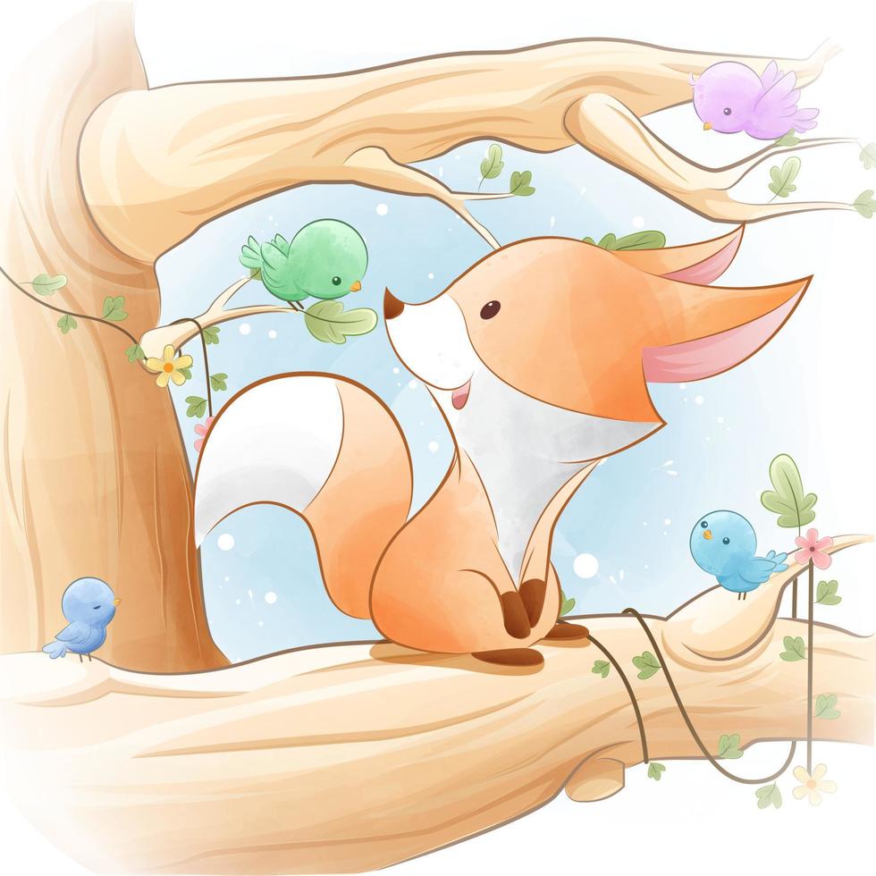cute little fox climbing tree with birds vector