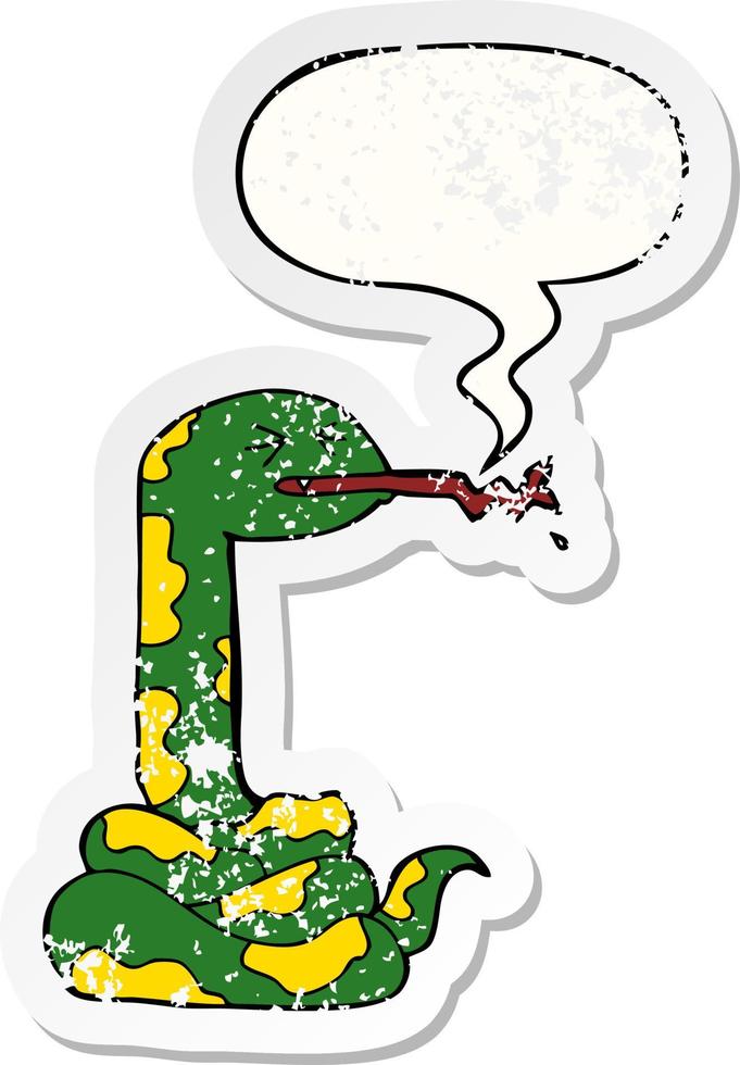 cartoon hissing snake and speech bubble distressed sticker vector