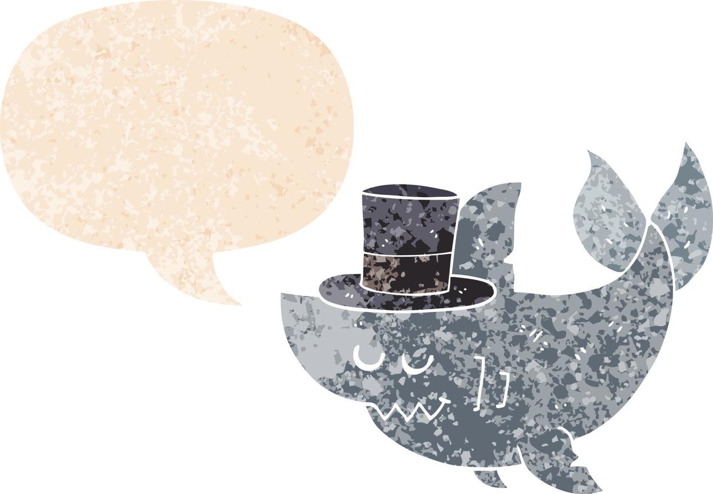 cartoon shark wearing top hat and speech bubble in retro textured style vector