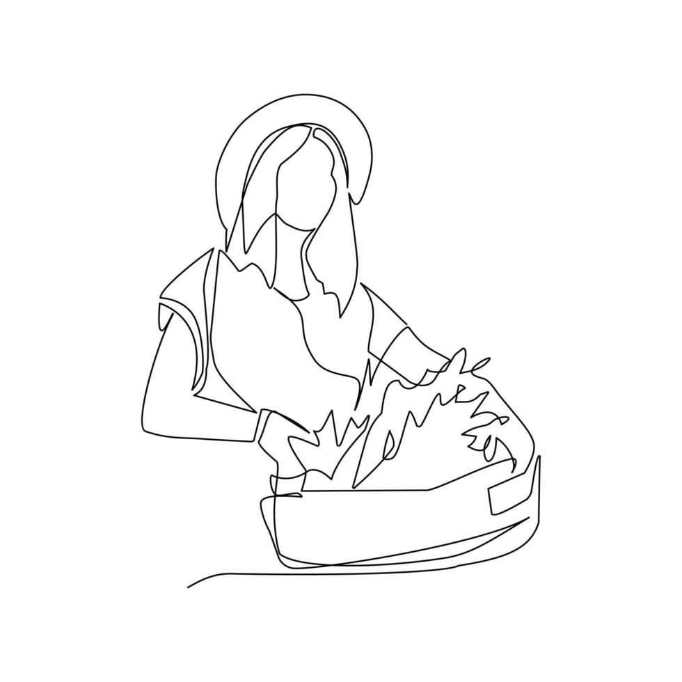 Vector illustration of a woman with a basket drawn in line art style