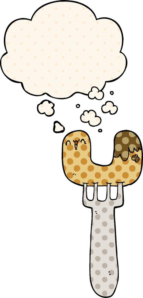 cartoon sausage on fork and thought bubble in comic book style vector