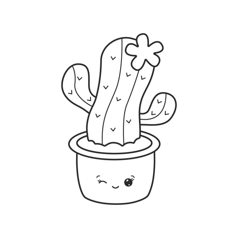 Cute kawaii cactus in pot isolated on white background. Cactus in black linear drawing style. Vector illustration