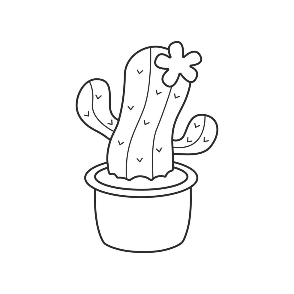 Cute cactus in pot isolated on white background. Cactus in black linear drawing style. Vector illustration