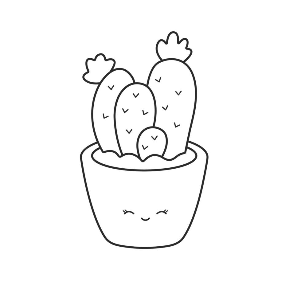 Kawaii cactus in pot. Cactus in black linear drawing style. Vector illustration isolated on white background