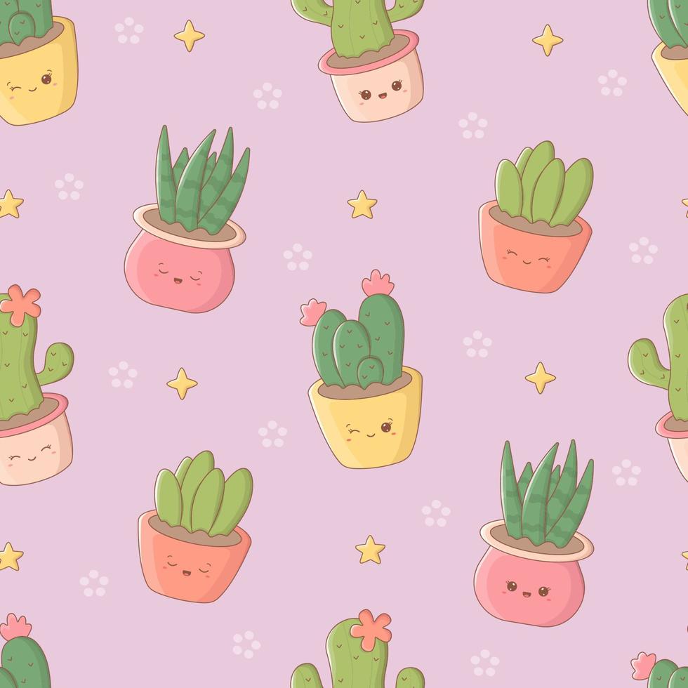 Seamless pattern with funny kawaii cacti and potted plants. Cute print for phone case, backgrounds, fashion, wrapping paper and textile. Vector Illustration