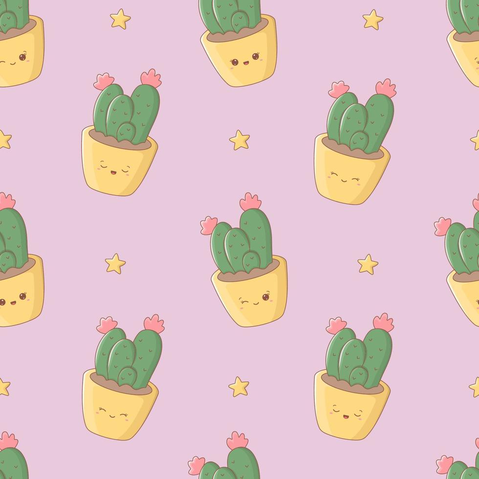 kawaii de patrones sin fisuras con divertidos cactus. lindo estampado para estuche de teléfono, fondos, moda, papel de envolver y textil. ilustración vectorial vector