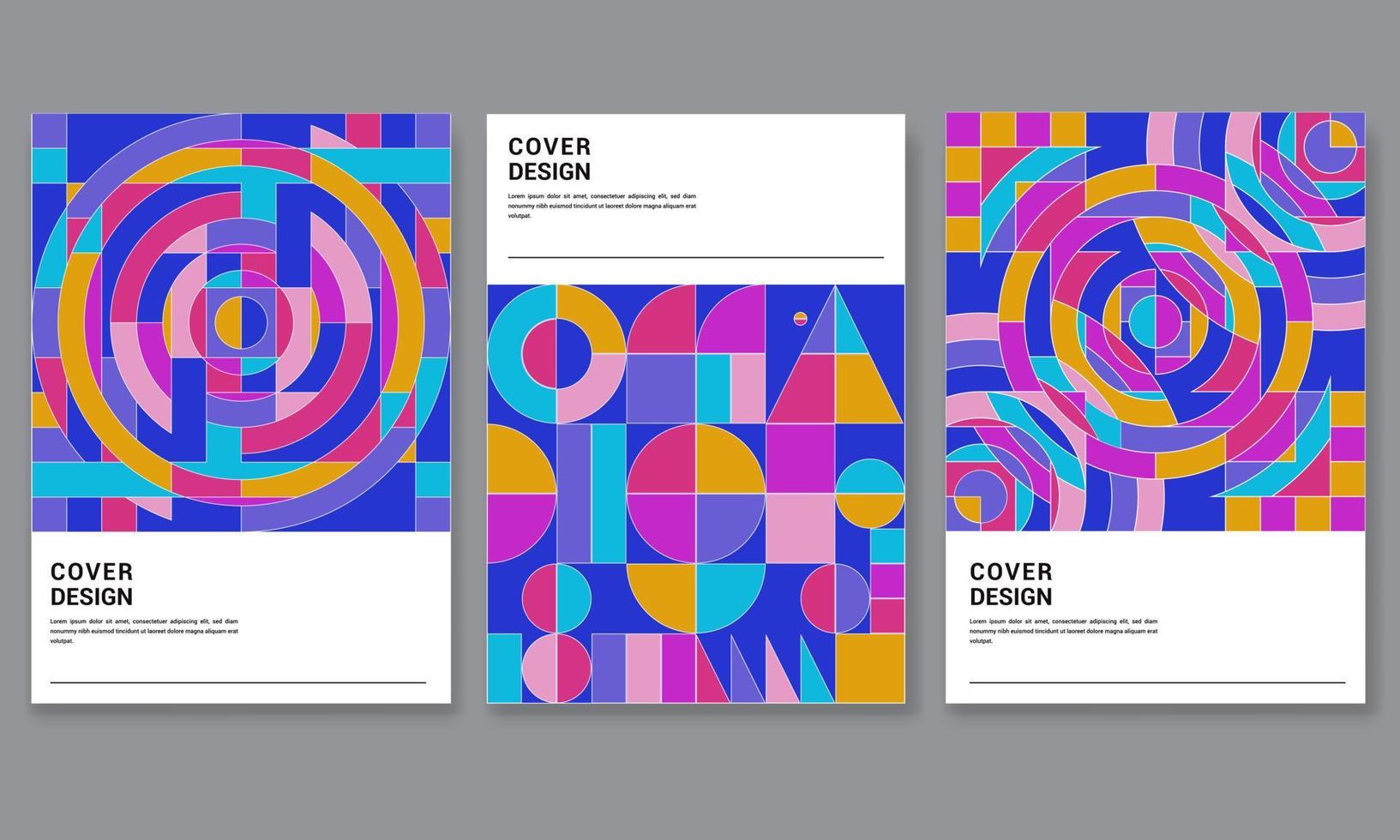 Set of three abstract retro style covers backgrounds with geometric shape.Applicable for Cover, Poster, Card Design and other print and web related items..Colorful geometrical shapes. vector