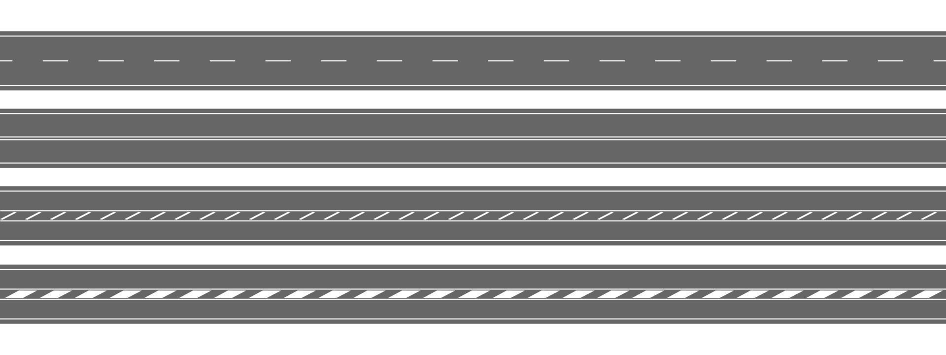 Set of straight roads. Horizontal top view. Empty highways with different markings isolated on white background. Seamless roadway templates. Elements of city map vector