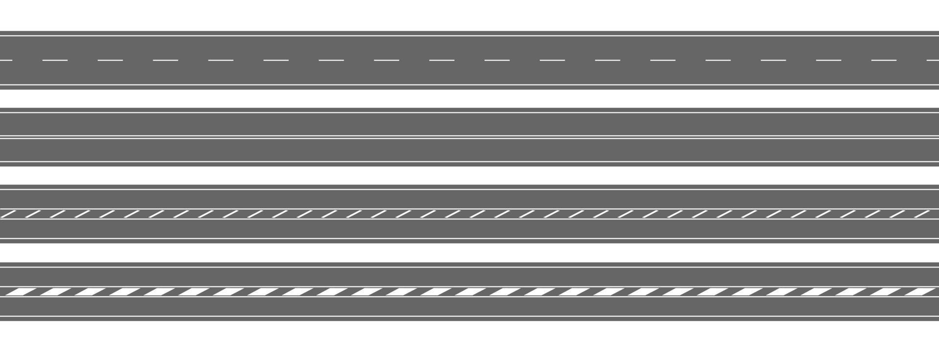 conjunto de caminos rectos. vista superior horizontal. carreteras vacías con diferentes marcas aisladas sobre fondo blanco. plantillas de carretera sin problemas. elementos del mapa de la ciudad vector