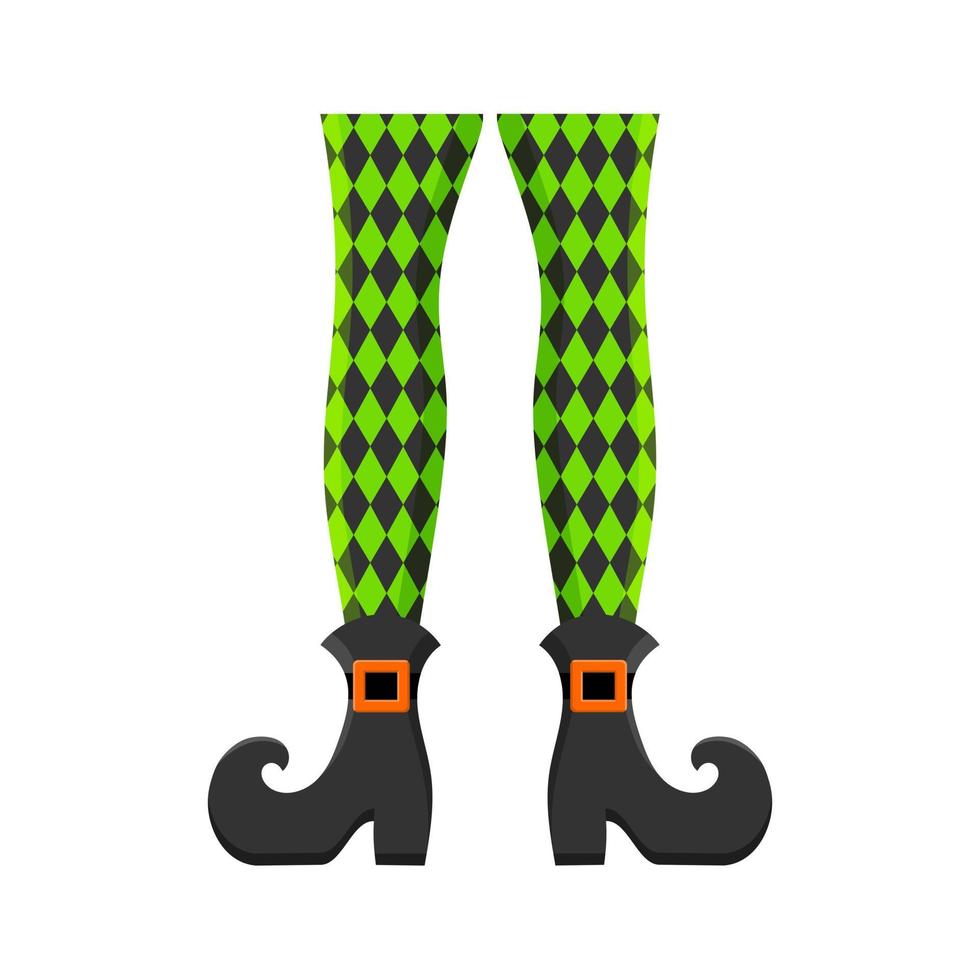 Bizarre witch or leprechaun legs in stockings with rhombus pattern and boots with buckles isolated on white background. Costume element for Halloween or St Patrick day vector