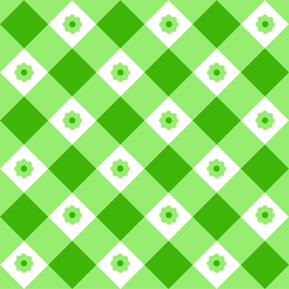 Green and white gingham seamless pattern with flowers. Checkered texture for picnic blanket, tablecloth, plaid, clothes. Springtime geometric background, Easter textile design vector