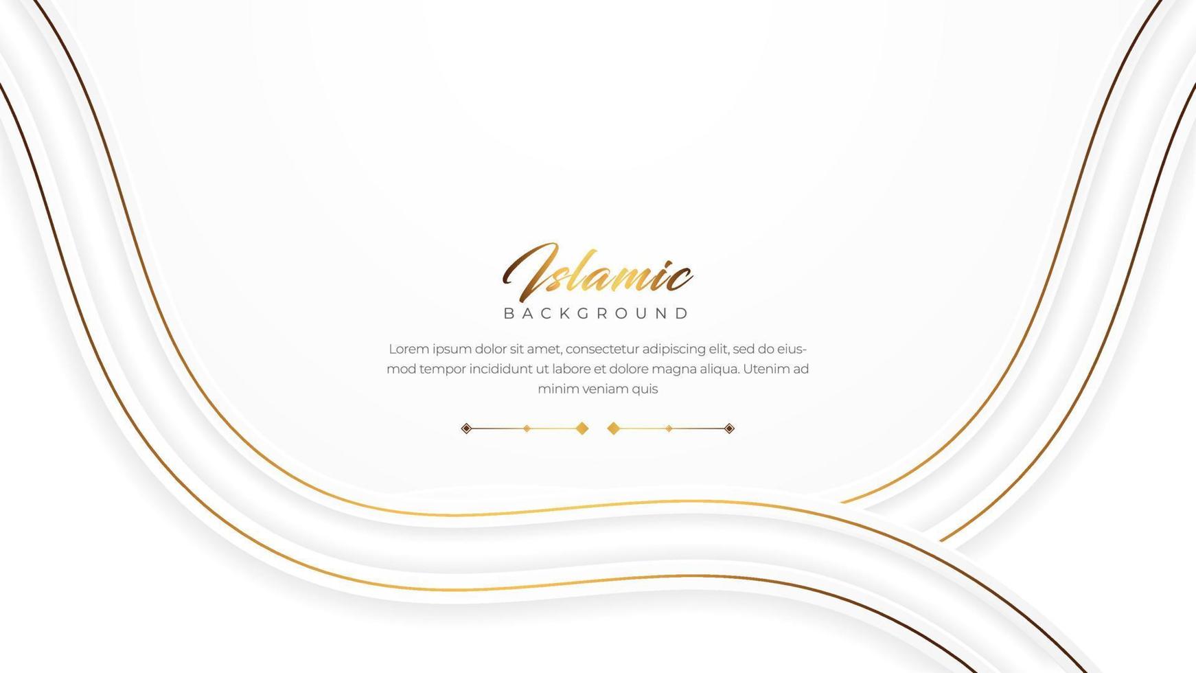 Elegant and Creative Wave Layered Luxury White and Gold Islamic Background. With Arabic Pattern, Islamic Border, and Decorative Hanging Lanterns Ornament. vector