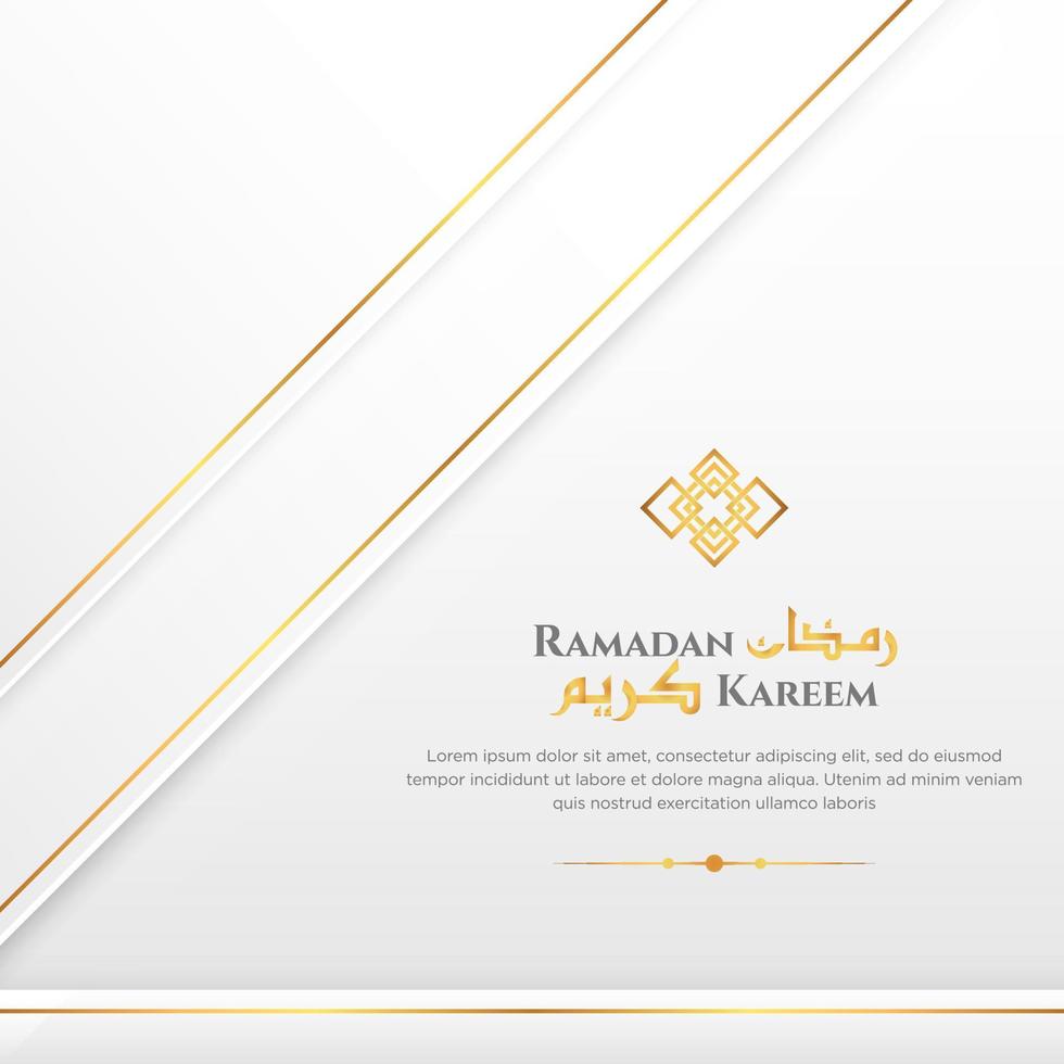 Simple and Clean White and Gold Layered Ramadan Kareem Islamic Banner Template. With Decorative Hanging Lanterns Ornament. vector