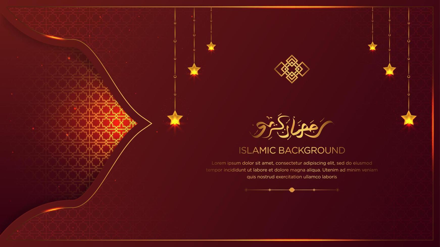 Islamic Arabic Ramadan Kareem Elegant Red and Golden Luxury Islamic Ornamental Background Islamic Border and Decorative Hanging Stars Ornament with Golden Arabic Calligraphy vector