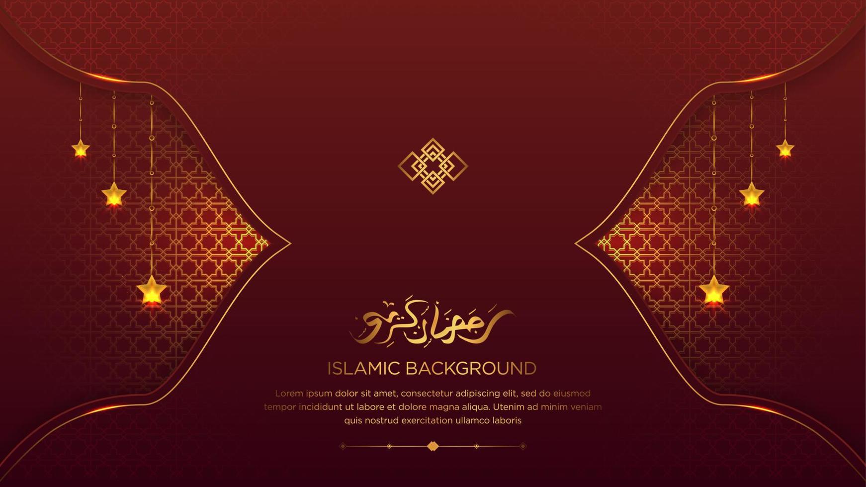 Arabic Ramadan Kareem Elegant Red and Golden Luxury Islamic Ornamental Background Islamic Border and Decorative Hanging Stars Ornament with Arabic Calligraphy vector