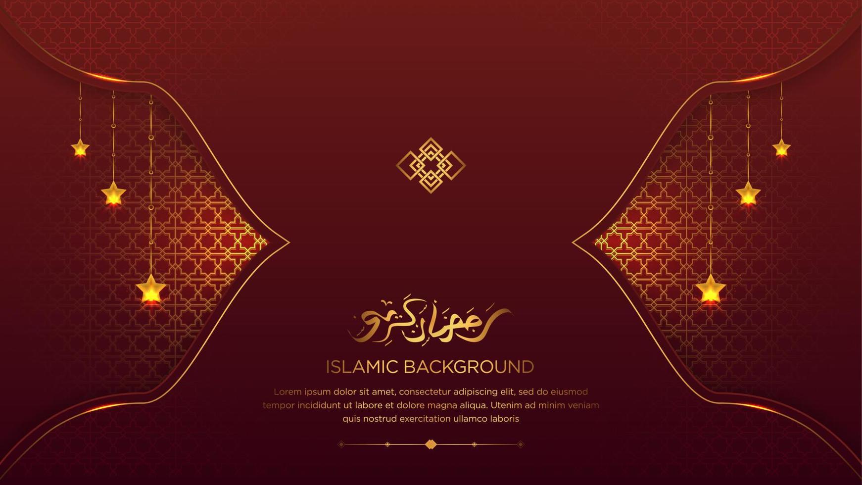 Arabic Ramadan Kareem Elegant Red and Golden Luxury Islamic Ornamental Background Islamic Border and Decorative Hanging Stars Ornament with Arabic Calligraphy vector