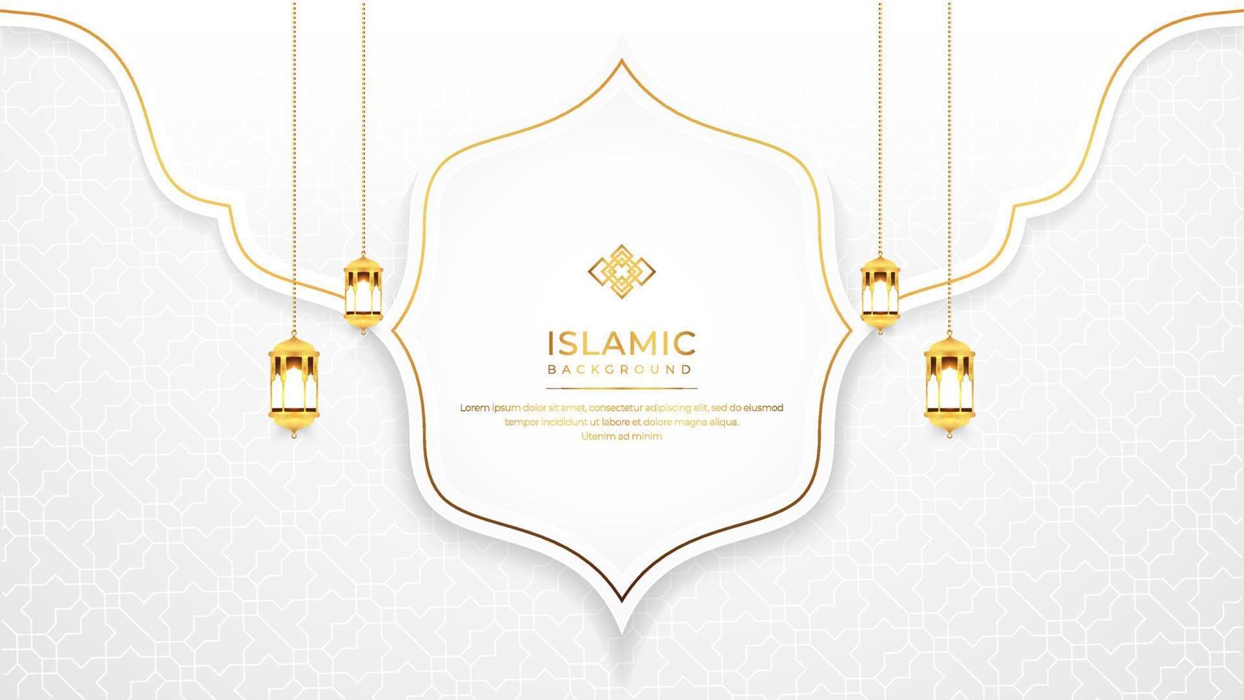 Luxury White and Gold Elegant Greeting Background with Arabic Pattern, Islamic Border, and Decorative Hanging Lanterns Ornament for banner, background, wallpaper, decoration, cover, vector