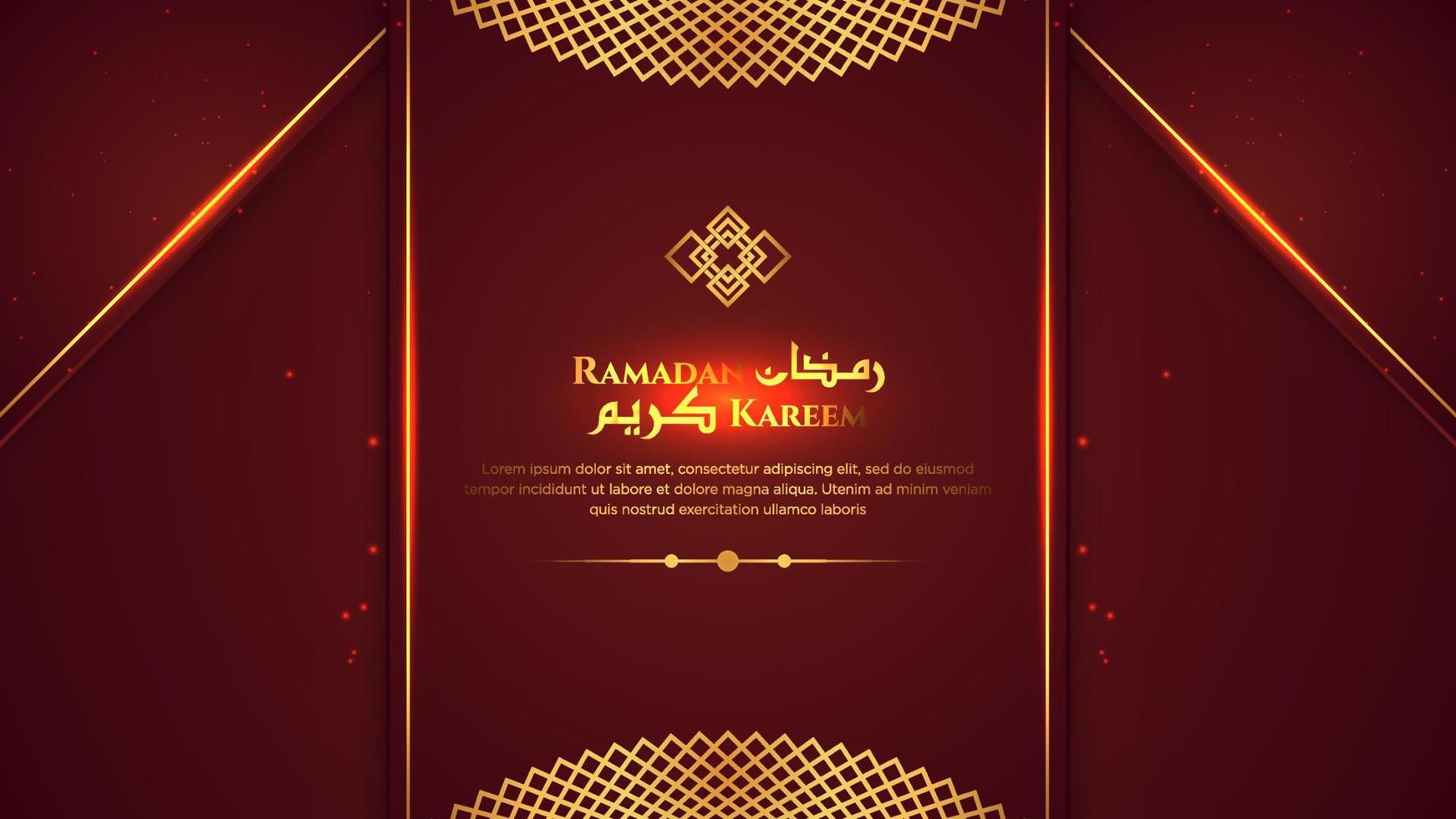 Elegant Islamic Red and Gold Luxury Ramadan Kareem Islamic Background. With Arabic Pattern, Islamic Border, and Decorative Hanging Lanterns Ornament. vector