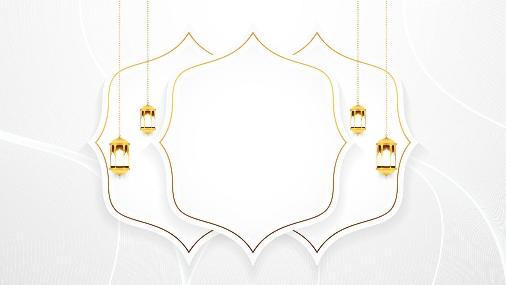 Luxury White and Gold Greeting Islamic Illustration Background vector design with Arabic Pattern, Islamic Border, and Decorative Hanging Lanterns Ornament for Greeting card, banner, wallpaper, cover