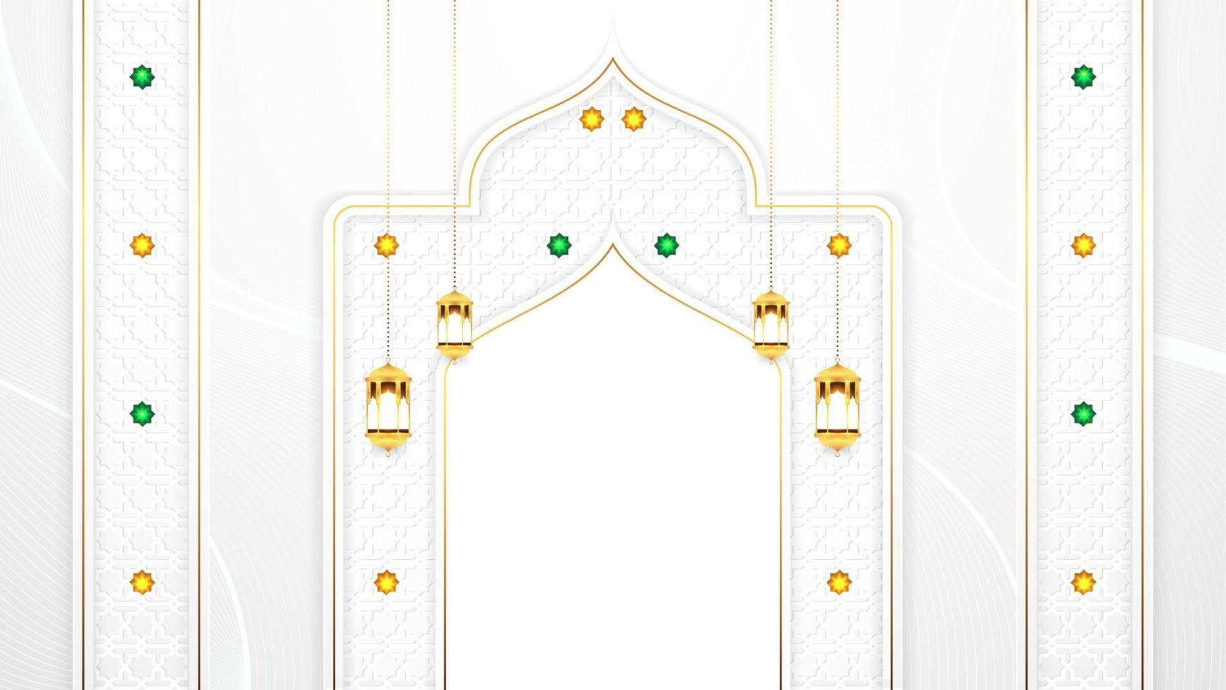 lujoso fondo de saludo de ramadán kareem blanco y dorado con lámparas colgantes y adornos arabescos para tarjetas de felicitación, banner, papel tapiz, portada stock de ilustración vector