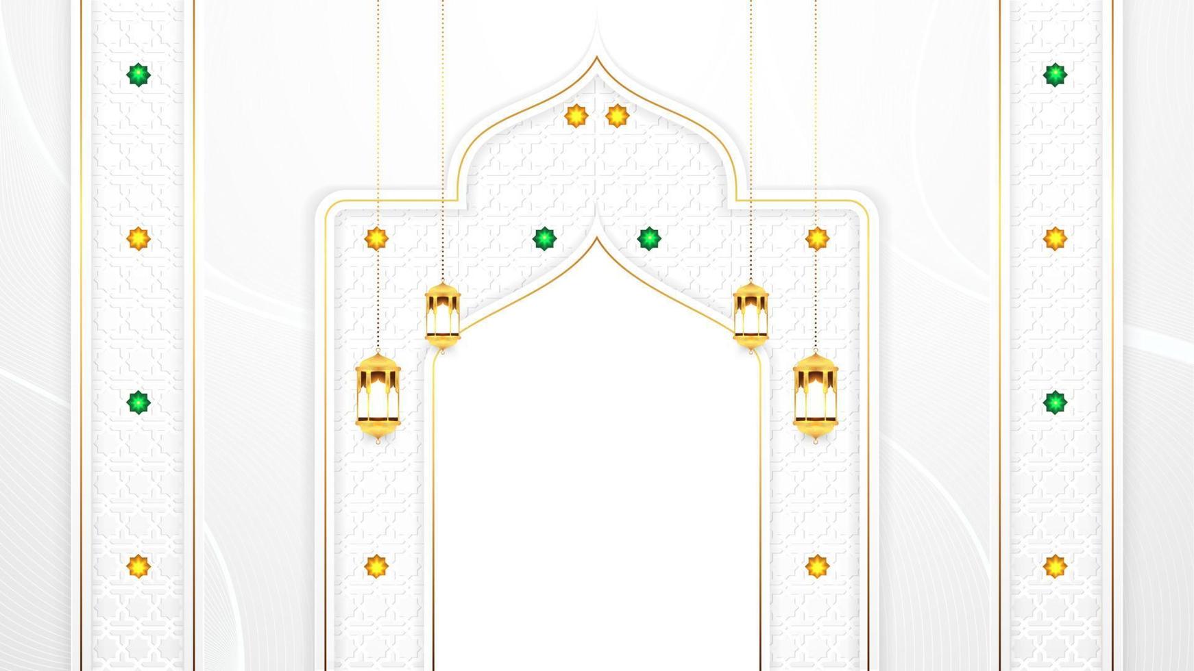 Luxury White and Gold Ramadan Kareem Greeting Background with Hanging Lamps and Arabesque Pattern Ornament for Greeting Card, Banner, Wallpaper, Cover stock illustration vector
