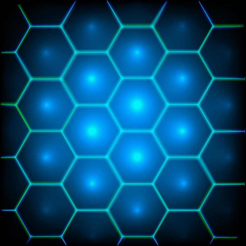 Vector hexagon shape abstract technology background with blue and green colored bright lighting