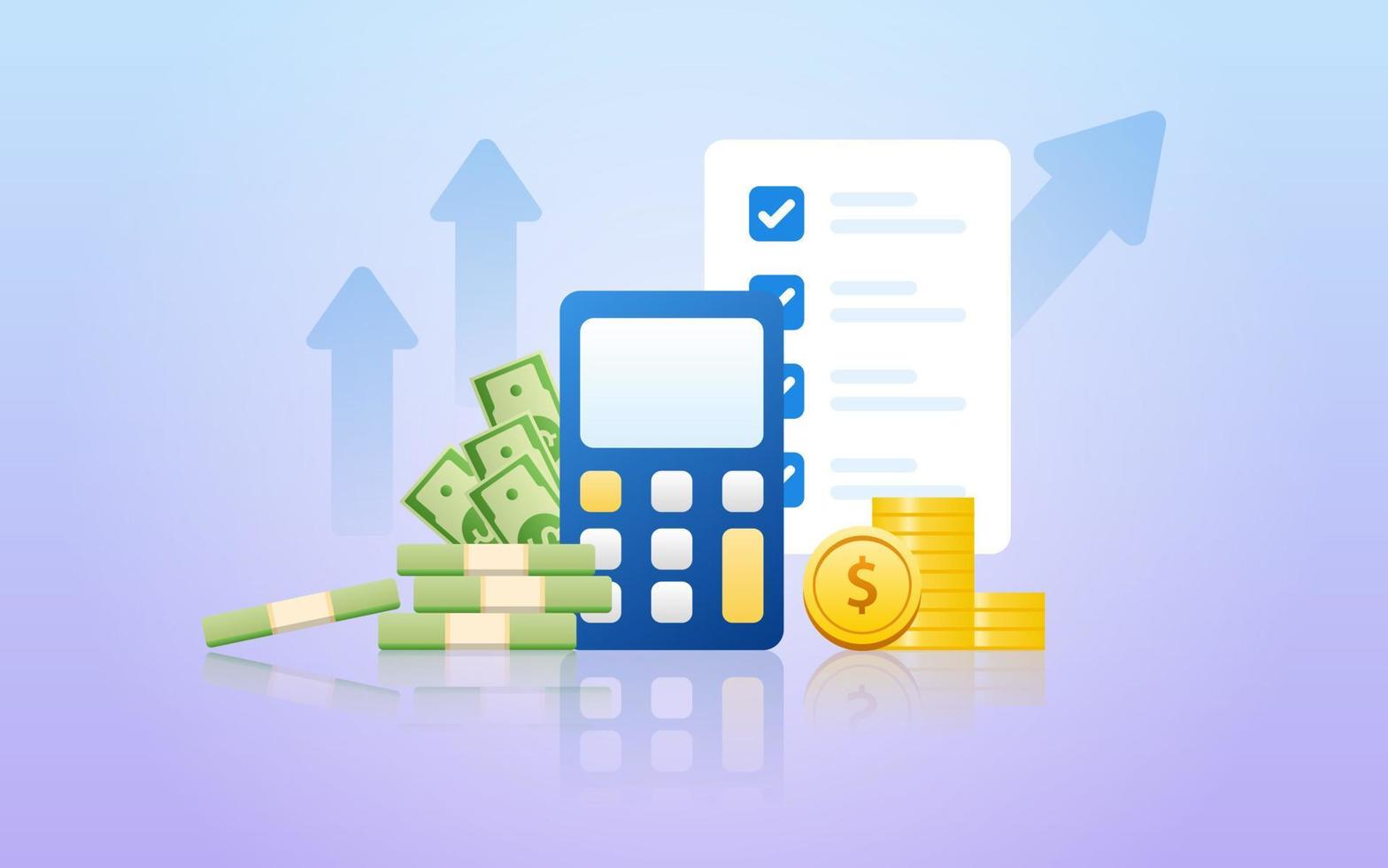 Financial management concept and investment, Flat design of payment with money, cash, banknote, calculator and credit card. Vector Illustration and banner template.