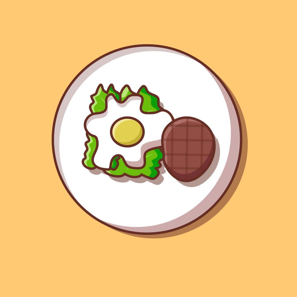 beef and egg with lettuce on white plate for food icon illustration vector