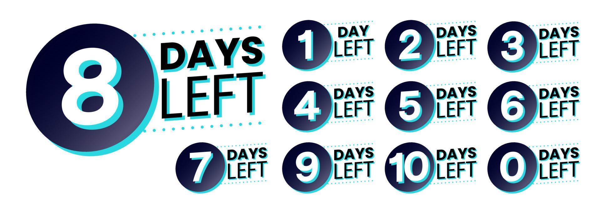 Days left vibrant stickers numbers. Stickers and banners timer pack. vector