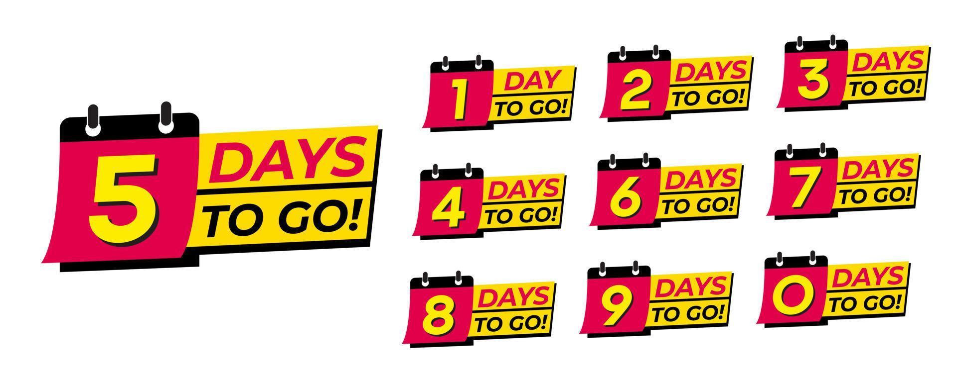 Days to go red and yellow numbers. Stickers and banners timer pack. vector