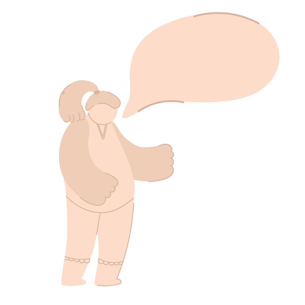 Woman with speech bubble for your text.  unusual talking, protesting woman. Attractive overweight lady. Female cartoon character. Body positive. Plus size woman vector