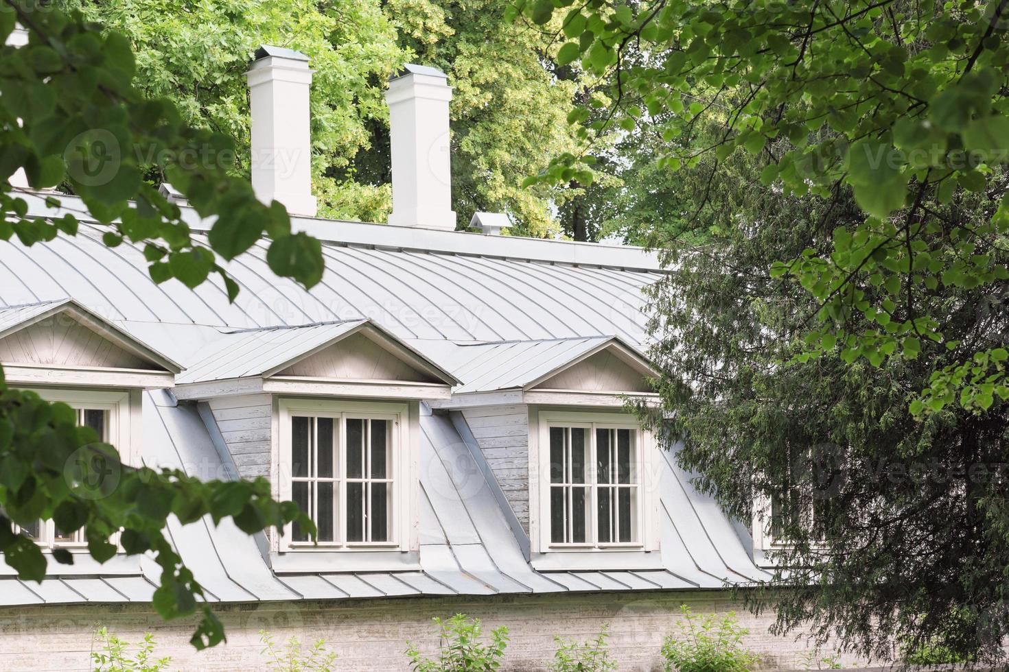 roof of an old house with chimney and attic roof windows surrounded by trees in summer. tranquil place for slow living, cottagecore concept. photo