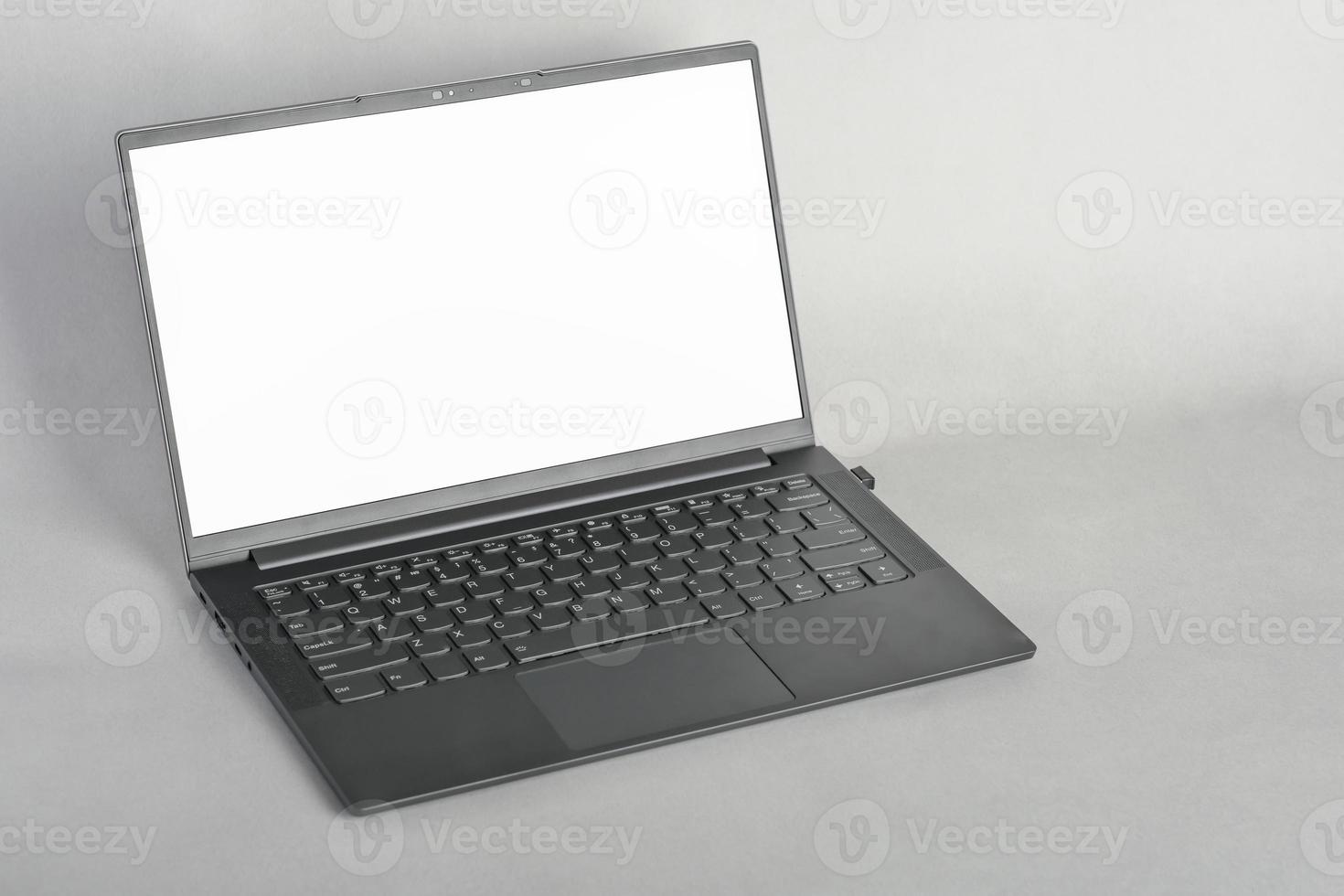Laptop with blank screen on grey background, mockup template, copy space for picture or advertisment photo