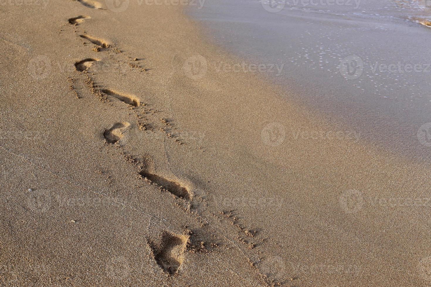 Footprints in the sand on the city beach. photo