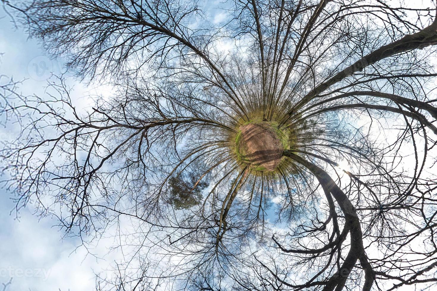 Little planet spherical panorama 360 degrees. Spherical aerial view in forest in nice day. Curvature of space photo