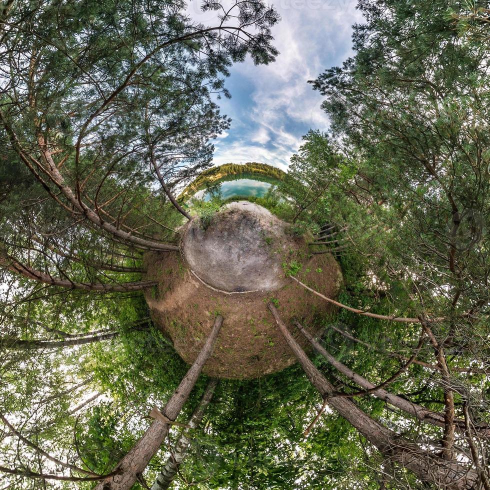 Little planet transformation of spherical panorama 360 degrees. Spherical abstract aerial view in pinery forest  in nice evening. Curvature of space. photo